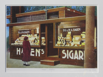 907186 Afbeelding van het schilderijtje met een gezicht op de tijdelijke kiosk van de sigarenwinkel van H.G. en M.A. ...